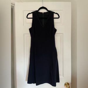Tahari Navy A-line Dress with Leather V-neck and pocket detail Size 10